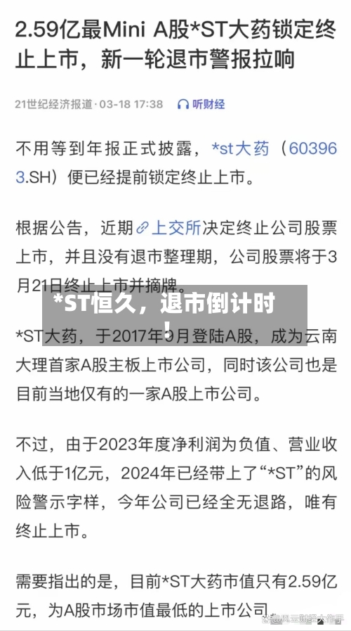 *ST恒久，退市倒计时！