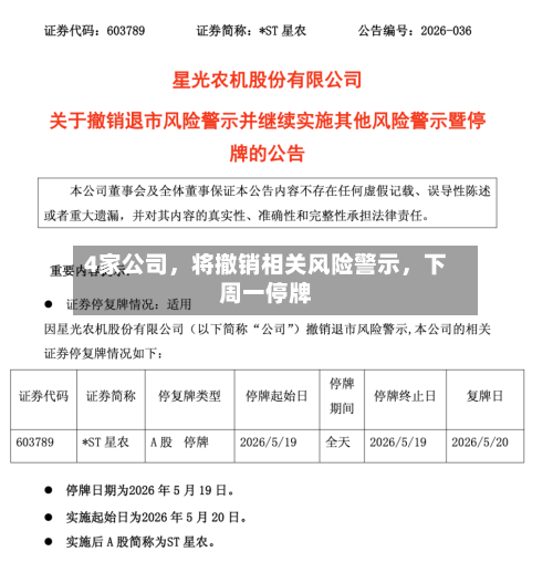 4家公司，将撤销相关风险警示，下周一停牌